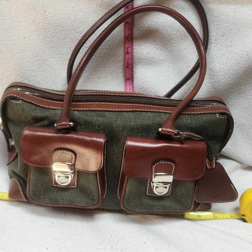 Dooney & Bourke green canvas and brown leather bag